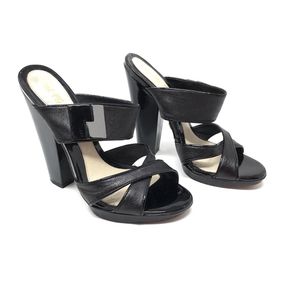 L.A.M.B. Shoes - L.A.M.B. Black Leather Strappy Sandra Mules Heels
